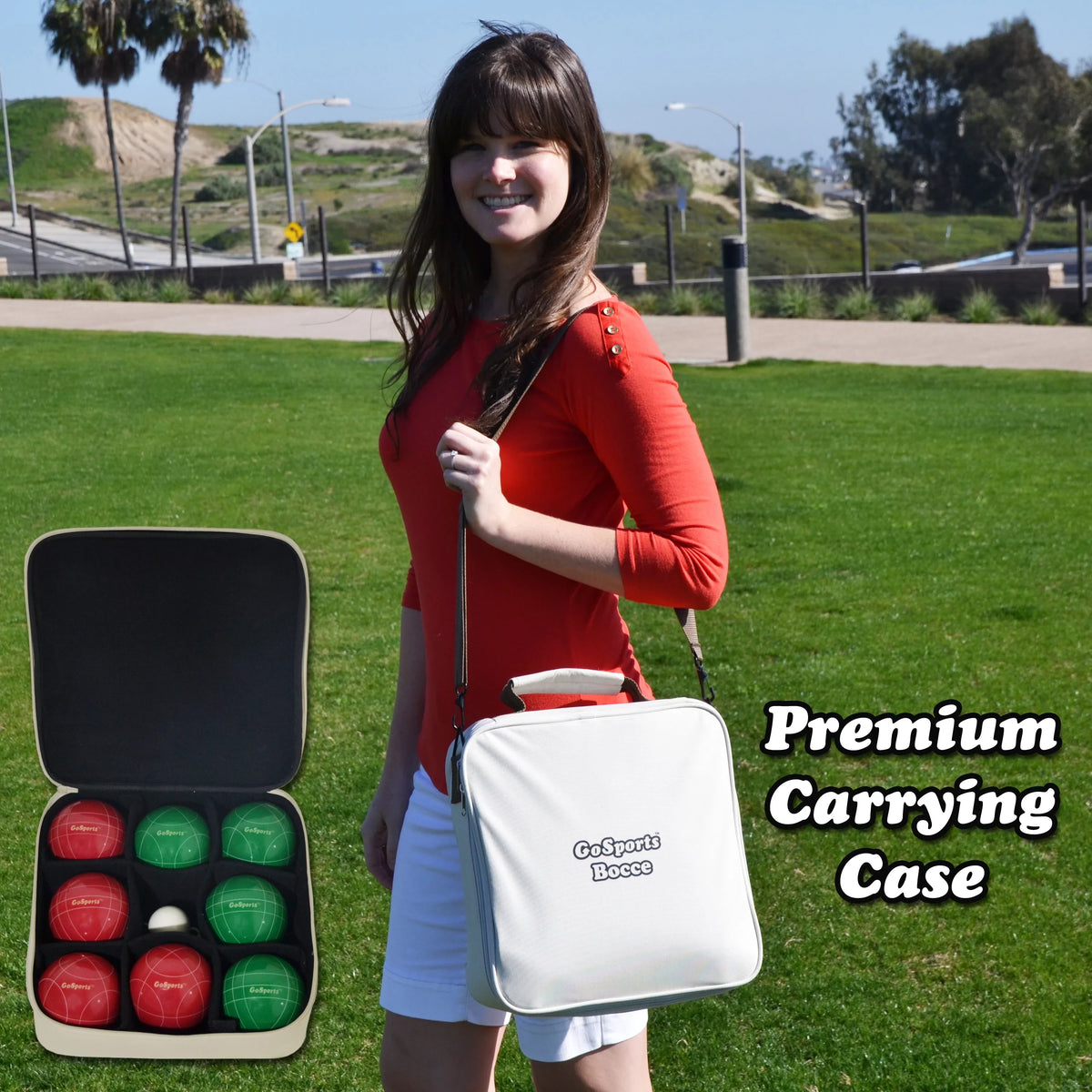 8 Regulation Set with Pallino, and Balls, Case 100mm Rope GoSports Bocce Measuring
