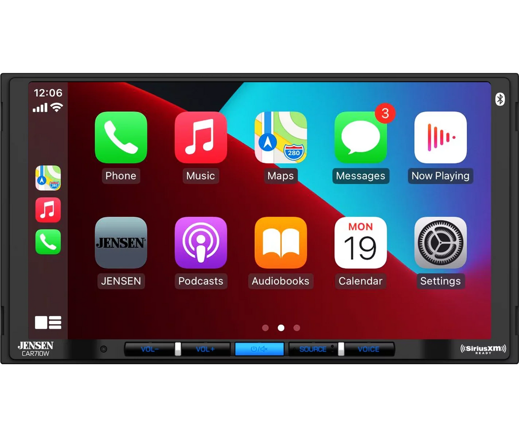 CAR710W SiriusXM-Ready Auto Wireless with l Wired Wireless Jensen and | l Multimedia CarPlay Mechless Bluetooth l Wired Receiver 7” Android Input Charging USB and with Built-in