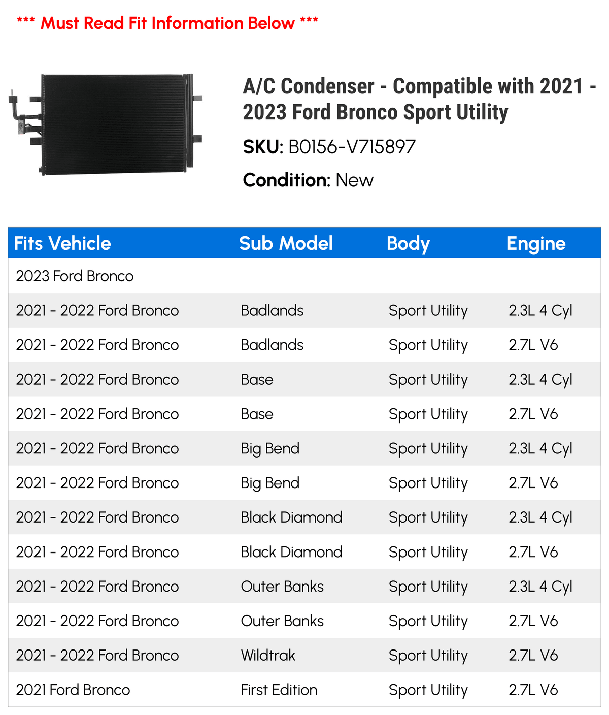 Utility 2023 2022 - Sport A/C Condenser with Bronco Compatible 2021 -