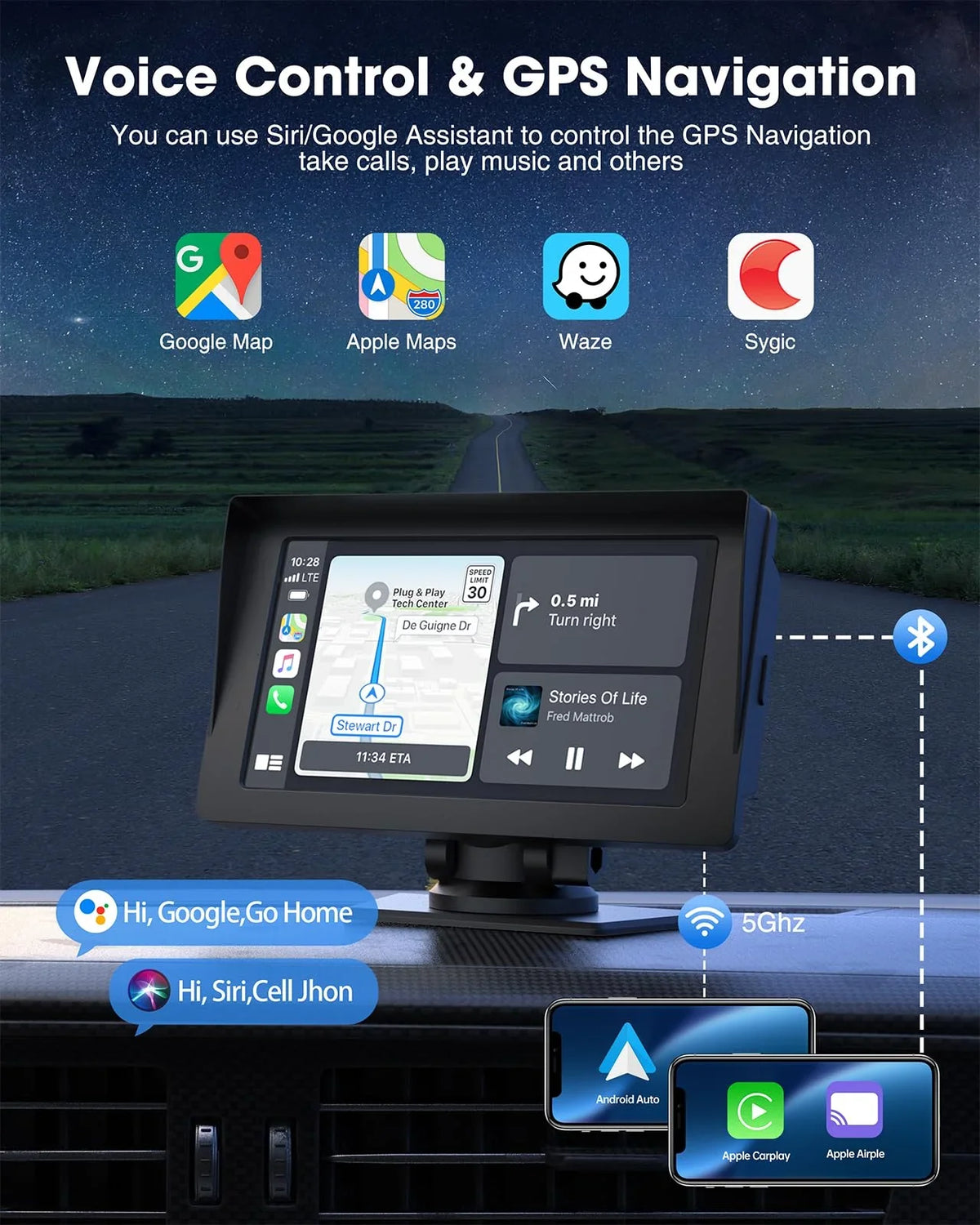 Auto,Bluetooth,FM, Touchscreen Car Camera,HD GPS Video,Car Navigation Reverse Stereo Wireless Portable Car LAMTTO Inch Audio Carplay,1080P with Receivers Siri with 7 Portable Airplay,Android