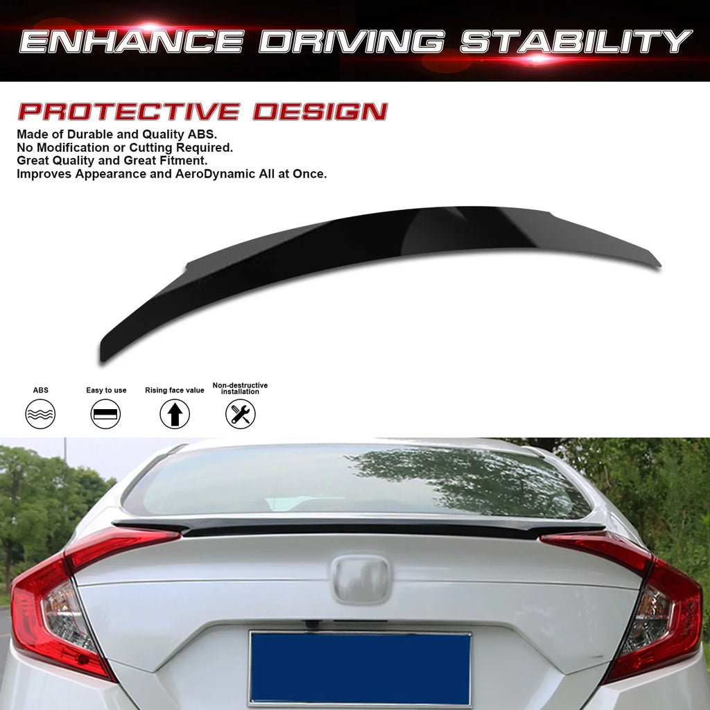 10th Spoiler Tech Civic with Compatible Style Lip JDM Xotic Black Trunk Glossy 4DR Rear 2016-2021 Gen Wing Honda