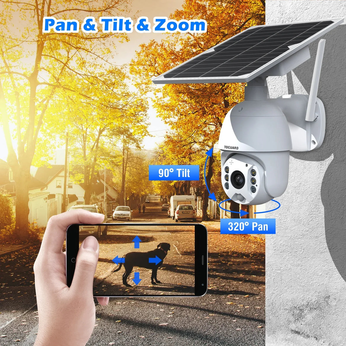 Wireless with PIR Night Security Vision, TOGUARD Dome PTZ Detection, 15600mAh Outdoor Camera Surveillance 2-Way Color Motion Solar Audio 1080P Battery, Camera with Wifi
