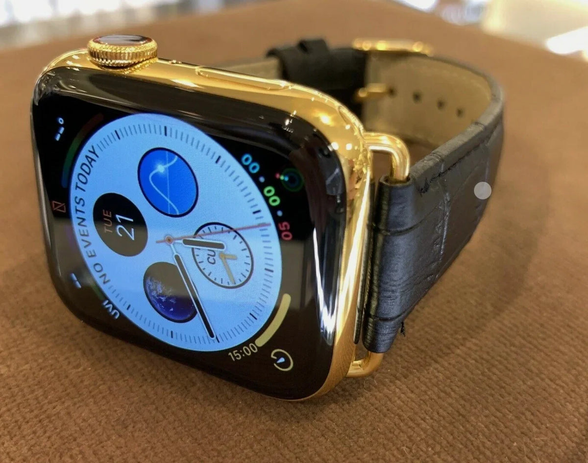iWatch Black Band Custom Steel Series Stainless 45mm Leather Gold 9 24k