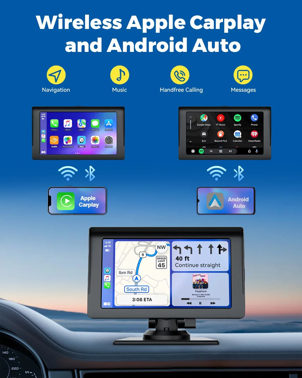 Auto,Bluetooth,FM, Touchscreen Car Camera,HD GPS Video,Car Navigation Reverse Stereo Wireless Portable Car LAMTTO Inch Audio Carplay,1080P with Receivers Siri with 7 Portable Airplay,Android
