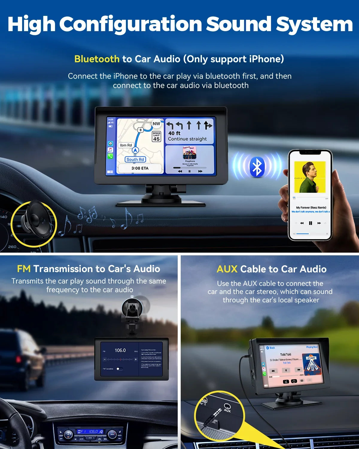 Auto,Bluetooth,FM, Touchscreen Car Camera,HD GPS Video,Car Navigation Reverse Stereo Wireless Portable Car LAMTTO Inch Audio Carplay,1080P with Receivers Siri with 7 Portable Airplay,Android
