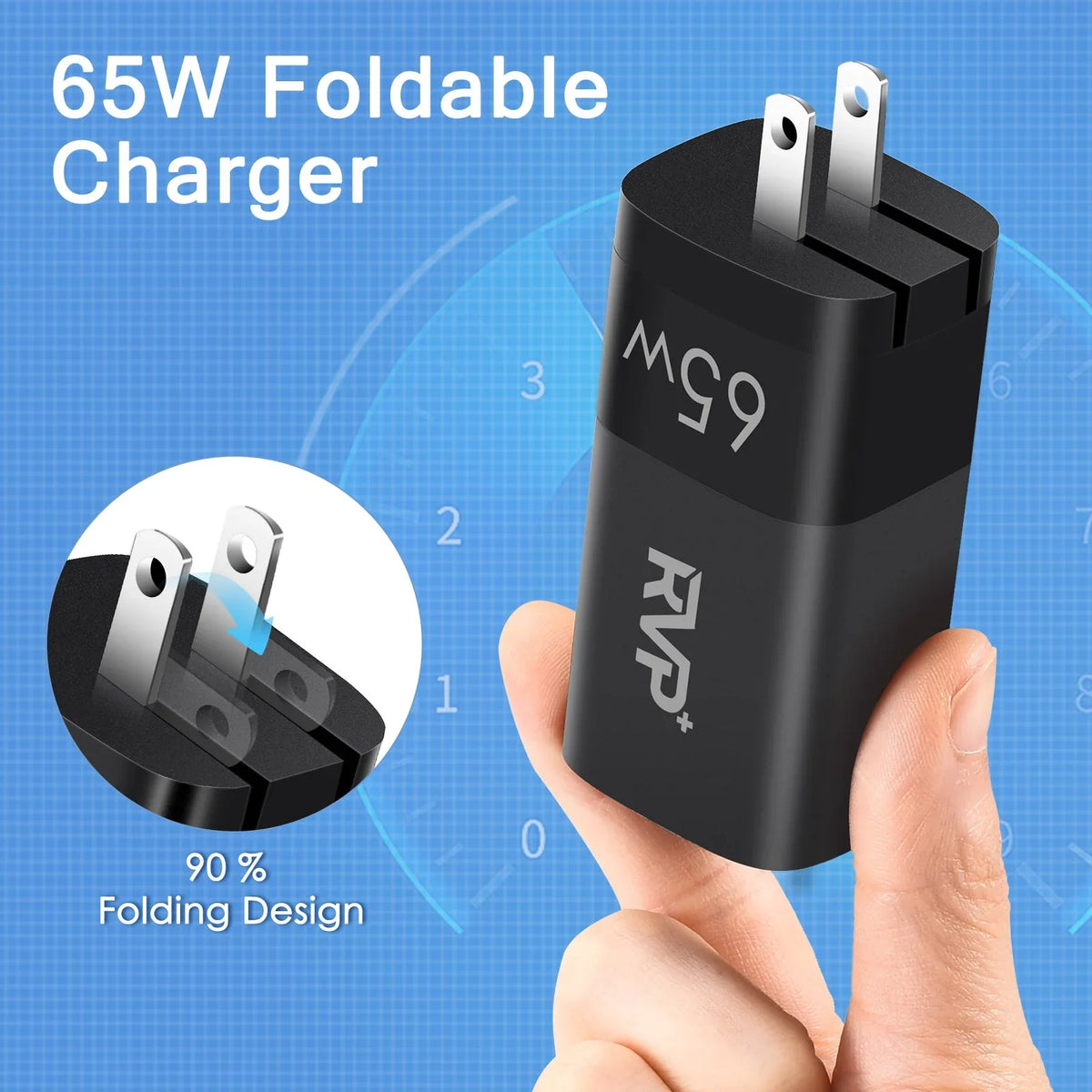Tablets, 65W Adapter, Smartphones, Charger, iPhone, C Laptops Black A (GaN) RVP+ Fast Foldable Power and - 3-Port USB Tech USB Charger, for Wall Charger