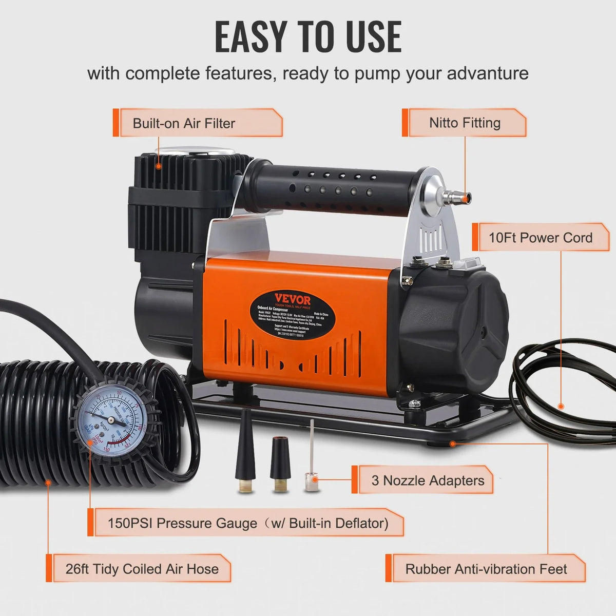 150PSI 12V 6CFM VEVOR Universal, Air High On-Board Compressor, Performance