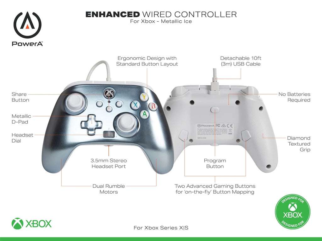 Controller Enhanced PowerA Wired for Xbox Metallic Series Ice X|S -
