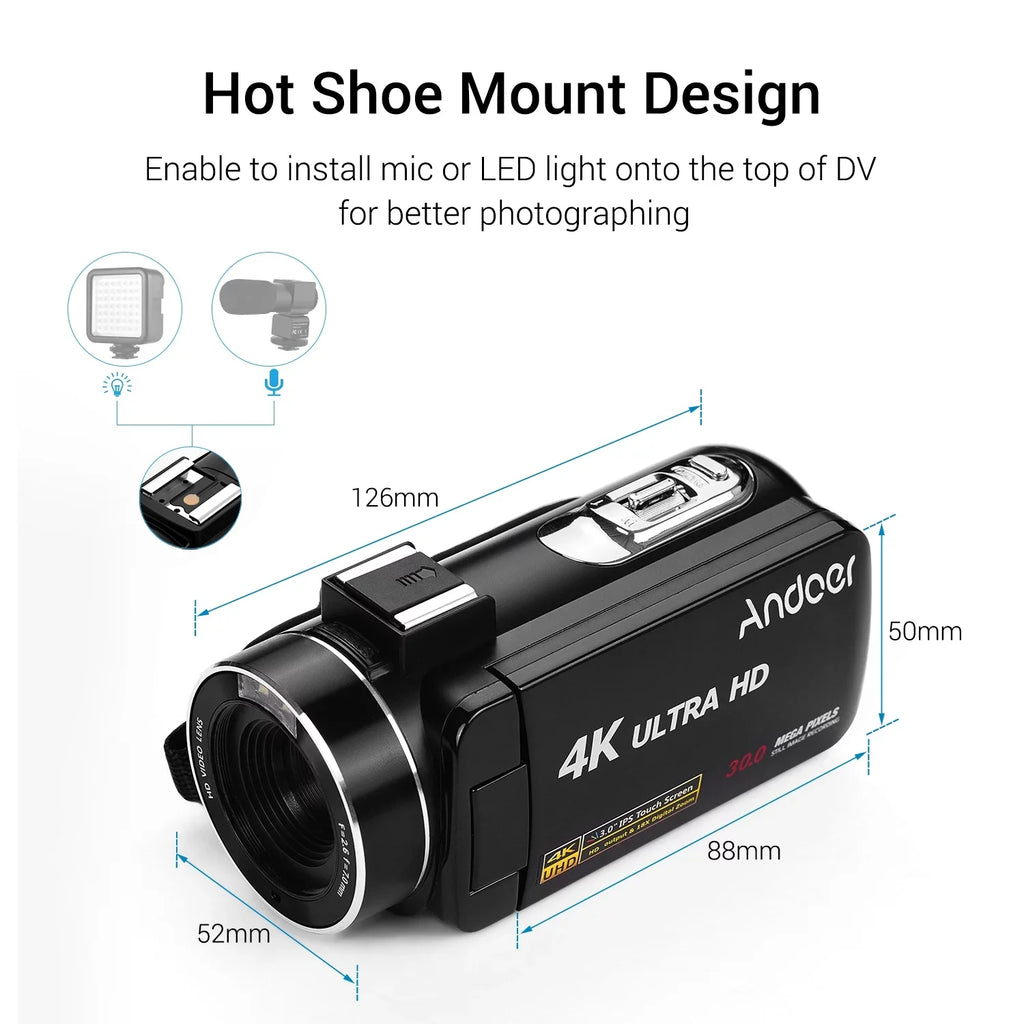 Shoe Andoer Camcorder -Shaking Digital CMOS DV IPS 3.0 Handheld for Sensor Burst Function Inch Mounting Video Hot Microphone with Professional 4K