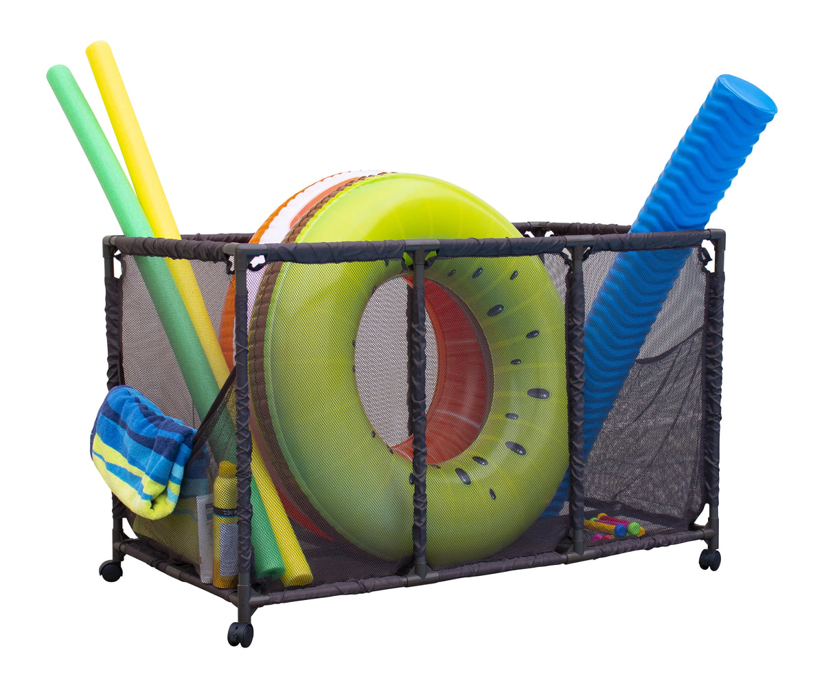Style (43" Height, Kids Large, and Floats Organizer Bin, Pool Holder, L Rolling x Noodles 28" x Storage 25" Yours W Balls, H), Brown Equipment 563009 Essentially Toys, Mesh