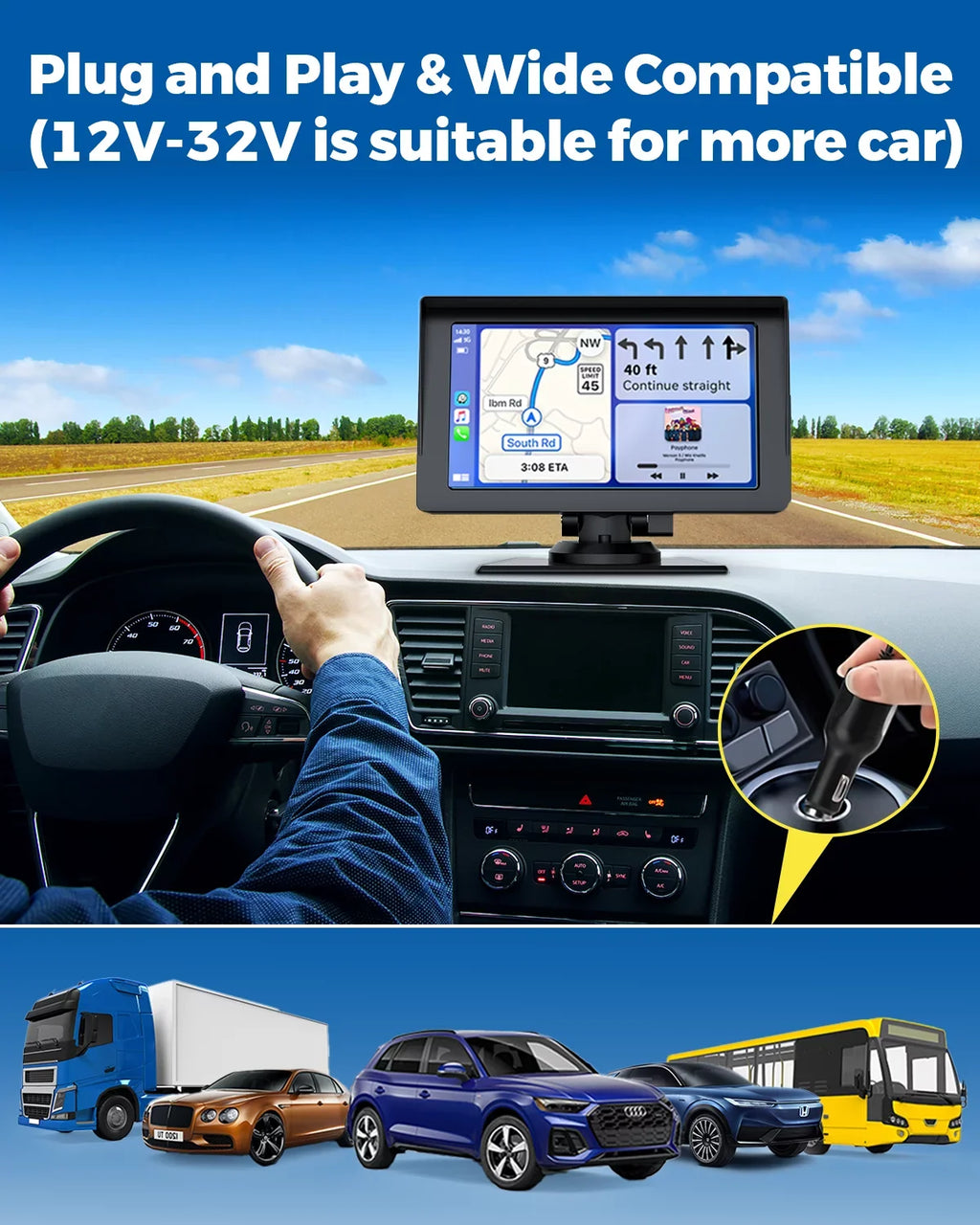 Auto,Bluetooth,FM, Touchscreen Car Camera,HD GPS Video,Car Navigation Reverse Stereo Wireless Portable Car LAMTTO Inch Audio Carplay,1080P with Receivers Siri with 7 Portable Airplay,Android