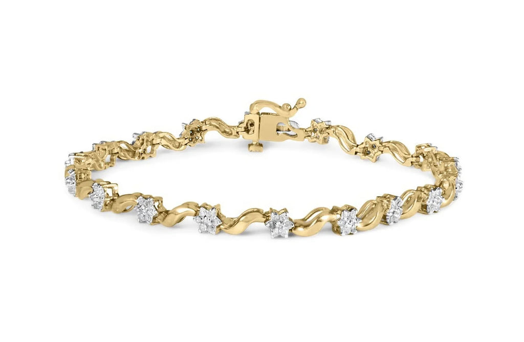 Yellow Clasp 1.00 S-Link Womens Diamond 10k 7.50" Color, Prong Haus Floral Cut of Cttw I2-I3 Box Brilliance (I-J wristband Gold Clarity) Round