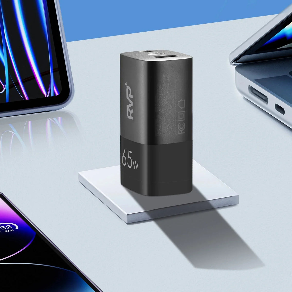 Tablets, 65W Adapter, Smartphones, Charger, iPhone, C Laptops Black A (GaN) RVP+ Fast Foldable Power and - 3-Port USB Tech USB Charger, for Wall Charger