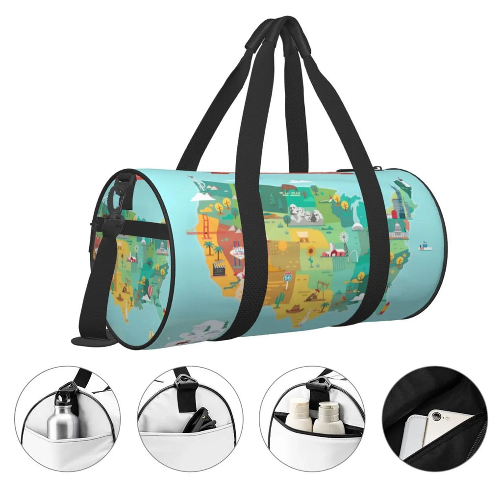 Travel Map USA Coaee Tourist Sports Luggage Pocket Compartment Bag Capacity Bag Bag with Large Gym and Waterproof Cylinder