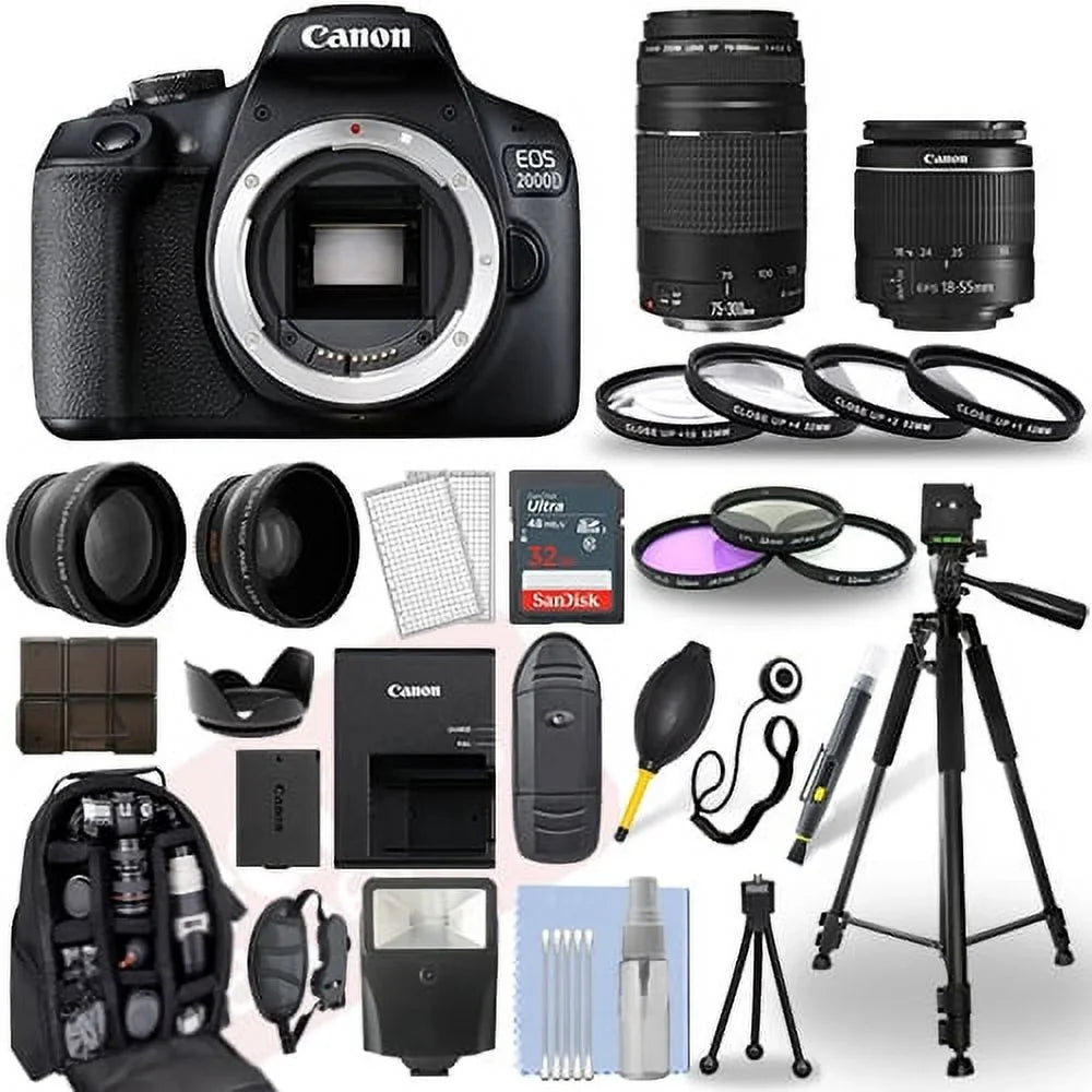 18-55mm 30 T7 + + Canon Camera EOS 75-300mm / + DSLR 2000D Piece Rebel Bundle
