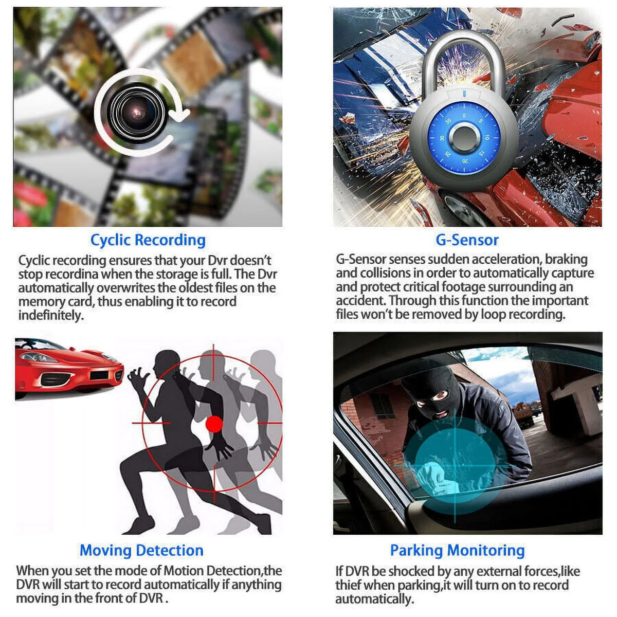 DVR Monitoring HD Car Motion Cam Xhy Video Camera and Driving Recorder G-Sensor, 4" Dual Front/Rear/Built-In 1080P Detection Parking Dash Lens
