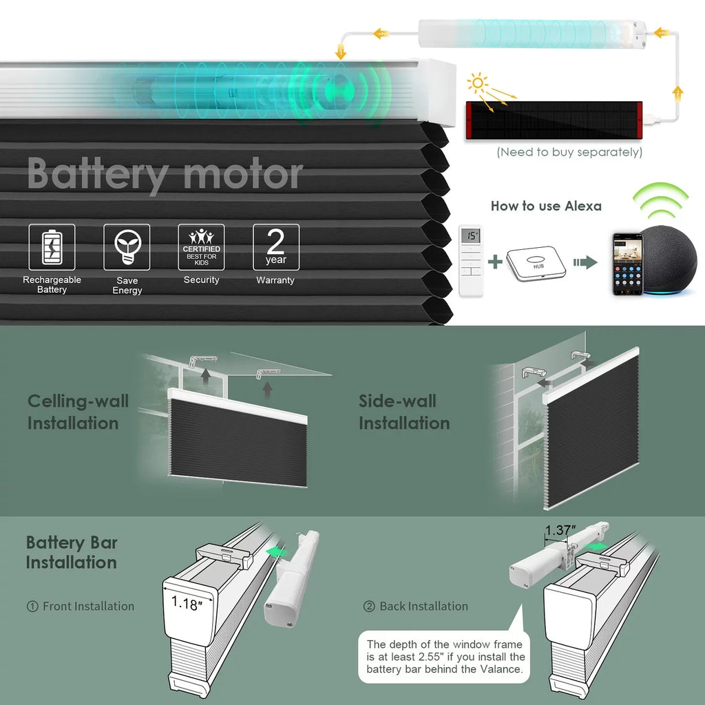 Automatic Blackout Carbon Smart Yoolax Shade Remote Control 72"H) x Blackout Blinds(100% Motorized Cellular Grey,54"W Honeycomb Window