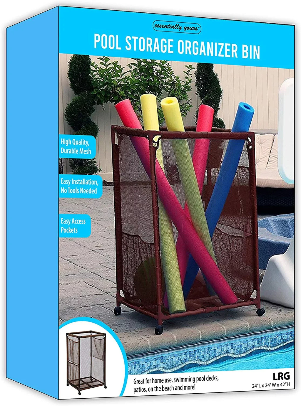 Style (43" Height, Kids Large, and Floats Organizer Bin, Pool Holder, L Rolling x Noodles 28" x Storage 25" Yours W Balls, H), Brown Equipment 563009 Essentially Toys, Mesh