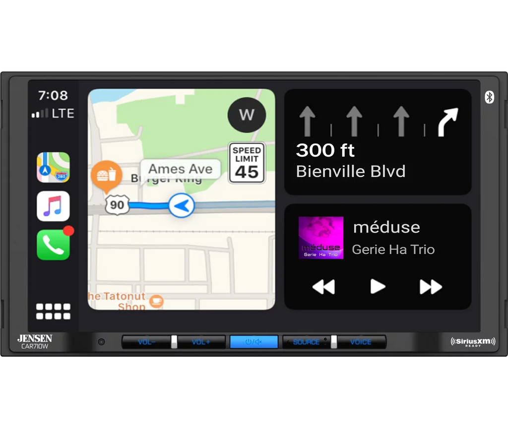 CAR710W SiriusXM-Ready Auto Wireless with l Wired Wireless Jensen and | l Multimedia CarPlay Mechless Bluetooth l Wired Receiver 7” Android Input Charging USB and with Built-in