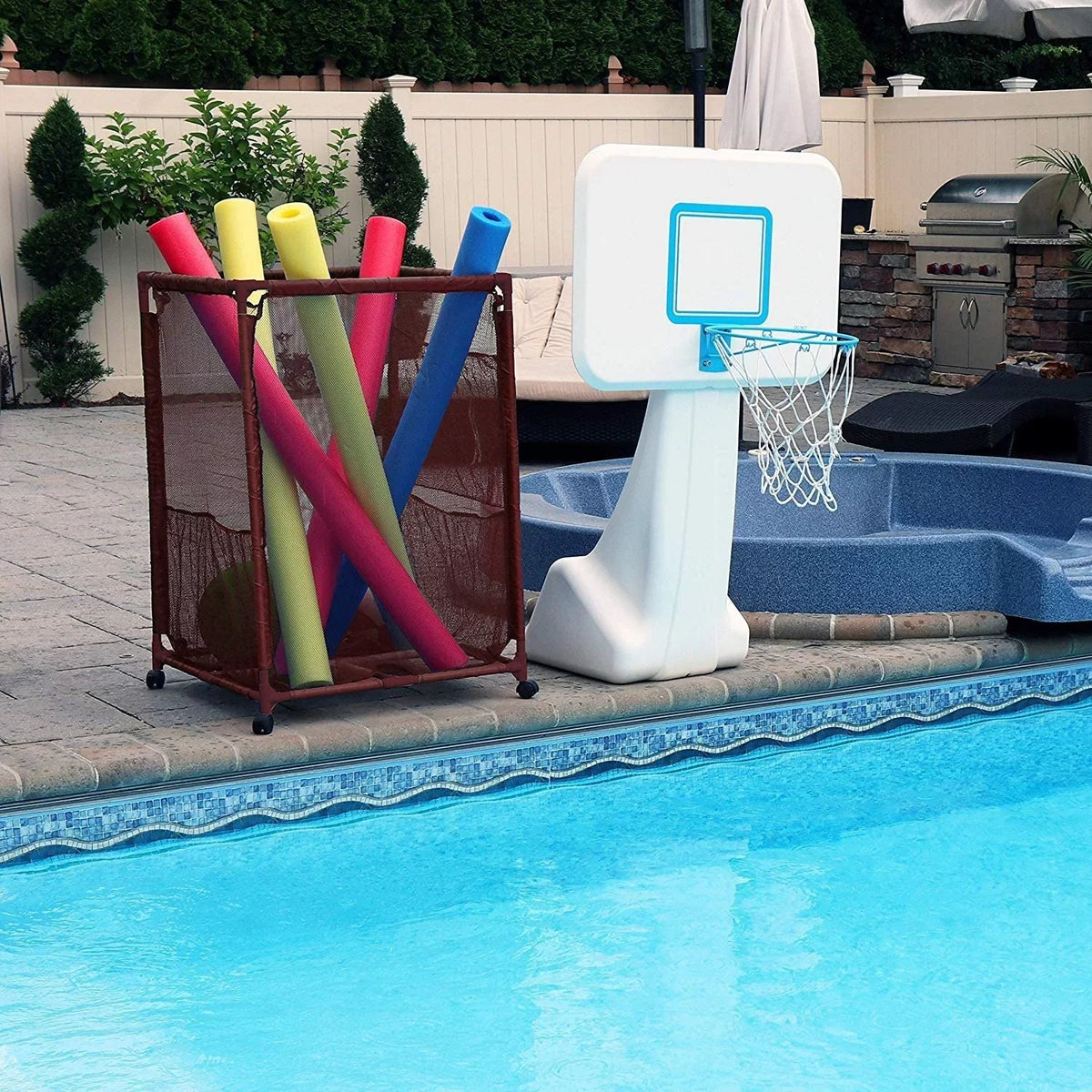 Style (43" Height, Kids Large, and Floats Organizer Bin, Pool Holder, L Rolling x Noodles 28" x Storage 25" Yours W Balls, H), Brown Equipment 563009 Essentially Toys, Mesh