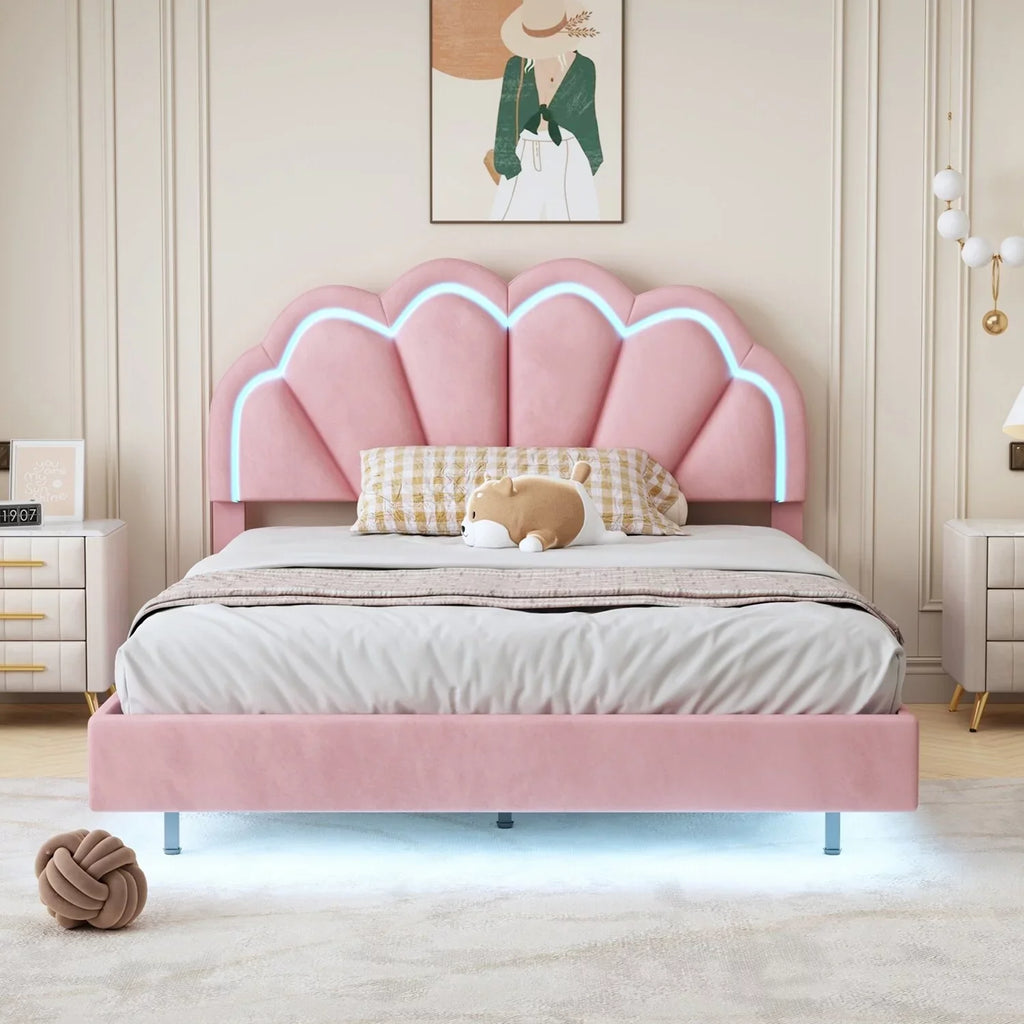 Support Slats Bed Wooden LED Smart with Size Full Platform Beige