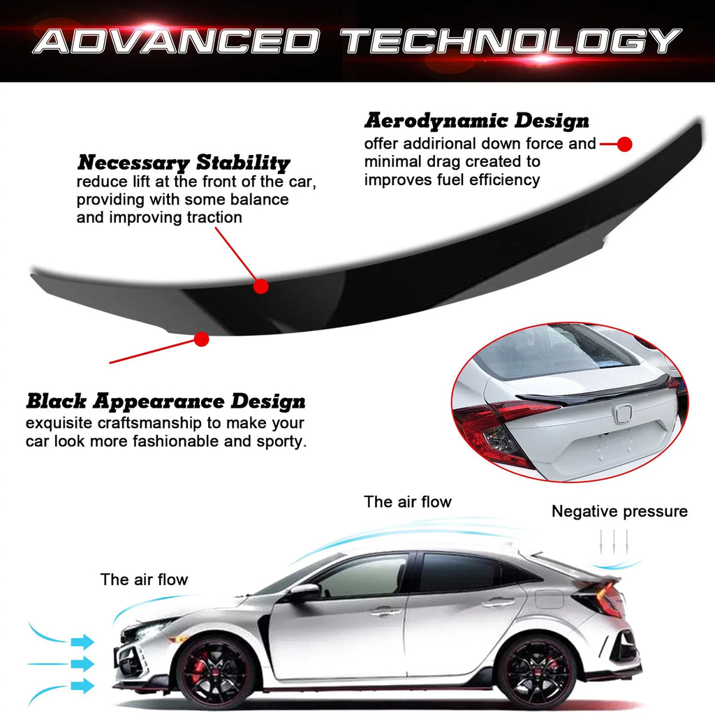 10th Spoiler Tech Civic with Compatible Style Lip JDM Xotic Black Trunk Glossy 4DR Rear 2016-2021 Gen Wing Honda
