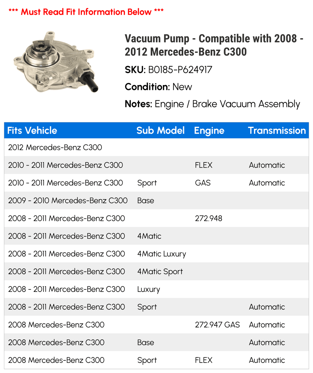 Vacuum Compatible 2011 Pump C300 -Benz - 2010 2008 2009 2012 with -